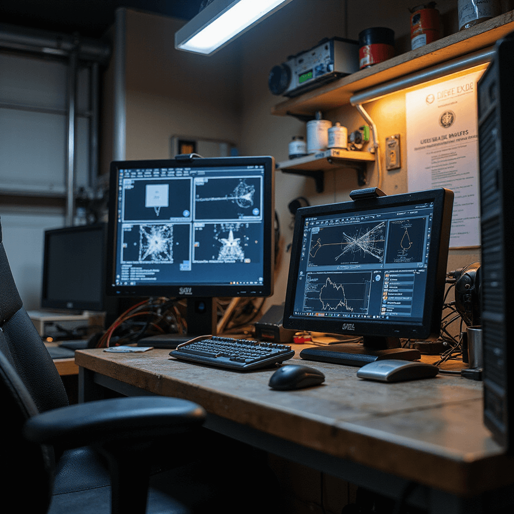 Close-up van een sleutelprogrammeerstation in een compacte 4x4 werkruimte met een zwarte diagnosecomputer, precisiegereedschap, en netjes gesorteerde sleutelbehuizingen en transponderchips, verlicht door warm spotlicht.