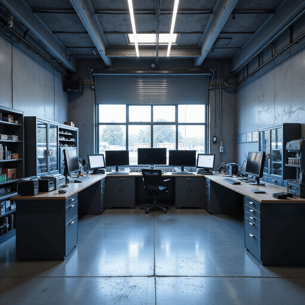 Moderne sleutelservice werkplaats met L-vormige werkbank, diagnosecomputers en gesorteerde autosleutels, verlicht door ochtendzon en LED-strips.