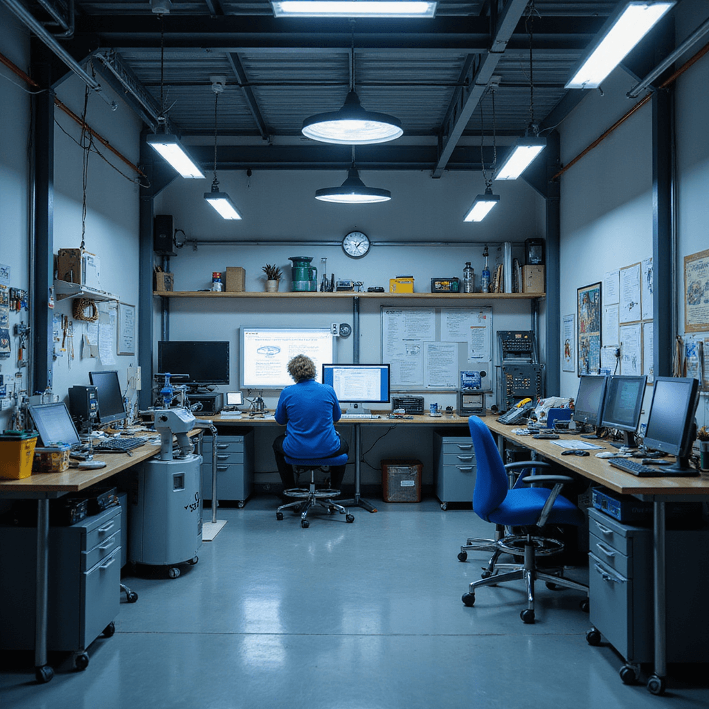 Een intieme werkhoek in een professionele autosleutelwerkplaats met een ergonomisch werkstation, microscoop en precisie-gereedschap, verlicht door warm licht en omgeven door technische documentatie.