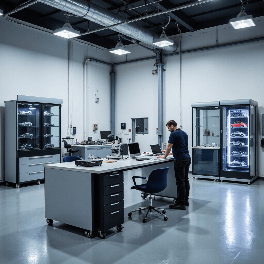 Moderne sleutelservicewerkplaats met industriële betonvloer en L-vormige RVS werkbank, verlicht door LED's. Diagnostische apparatuur en glazen vitrinekasten met autosleutels zichtbaar. Precisie-gereedschappen en sleutelfreesmachine op de werkbank, daglicht door hoge ramen.