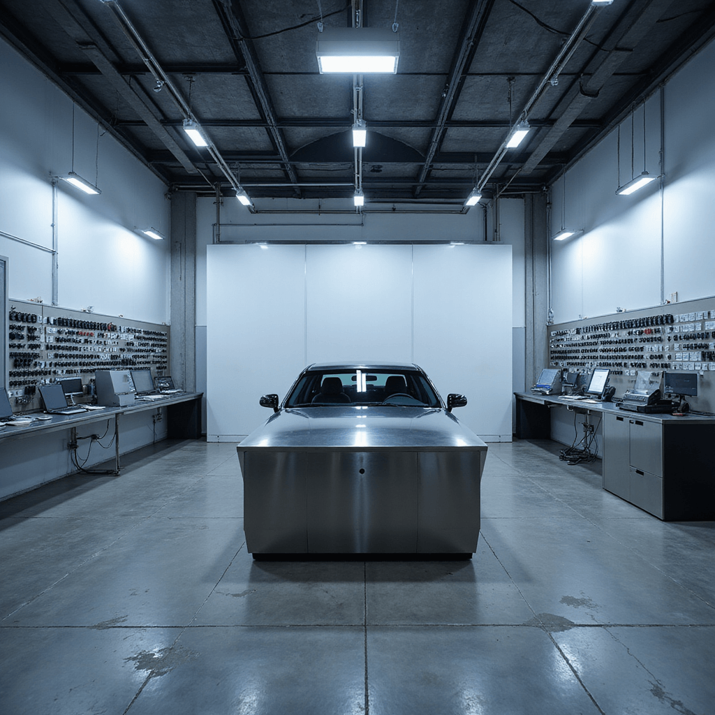 Moderne sleutelservice werkplaats met L-vormige werkbank van geborsteld roestvrij staal, diagnostische apparatuur en sleutelwand, verlicht door daglicht en LED-strips.