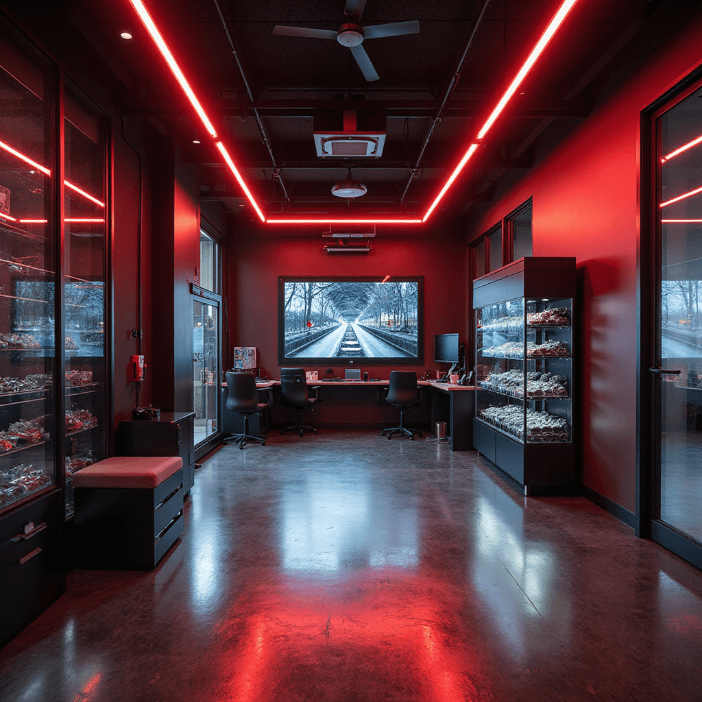 Interieur van een high-tech autosleutelcentrum met ergonomische werkplek, digitale microscoop, precisie-slijpmachine en vitrinekasten met moderne autosleutels, verlicht door warm avondlicht en LED.