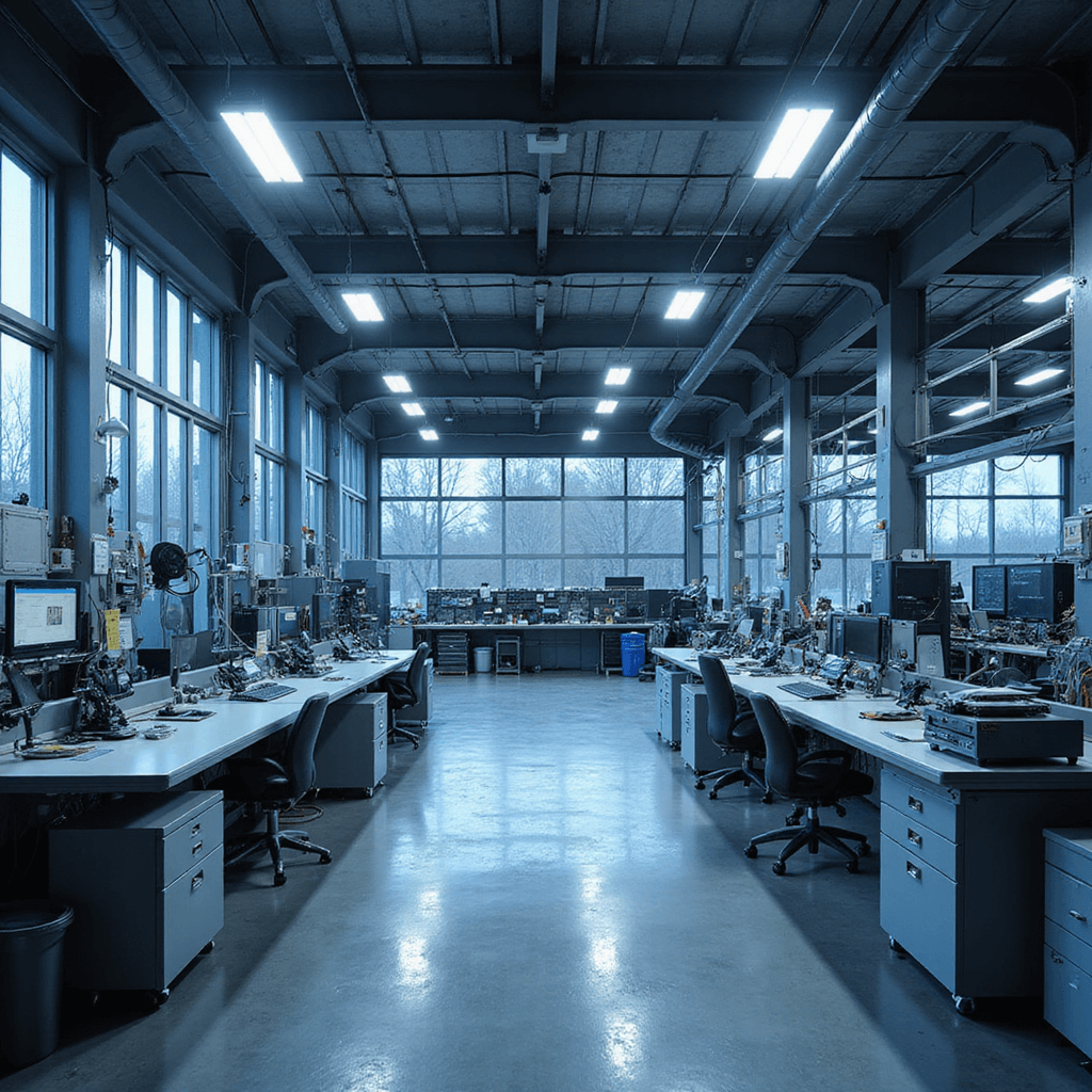 Moderne sleutelservice werkplaats met L-vormige RVS werkbank, hightech programmeerapparatuur, ordelijke displays met blanco sleutels en wandrekken met transponderchips, verlicht door ochtendzon en LED-spots.