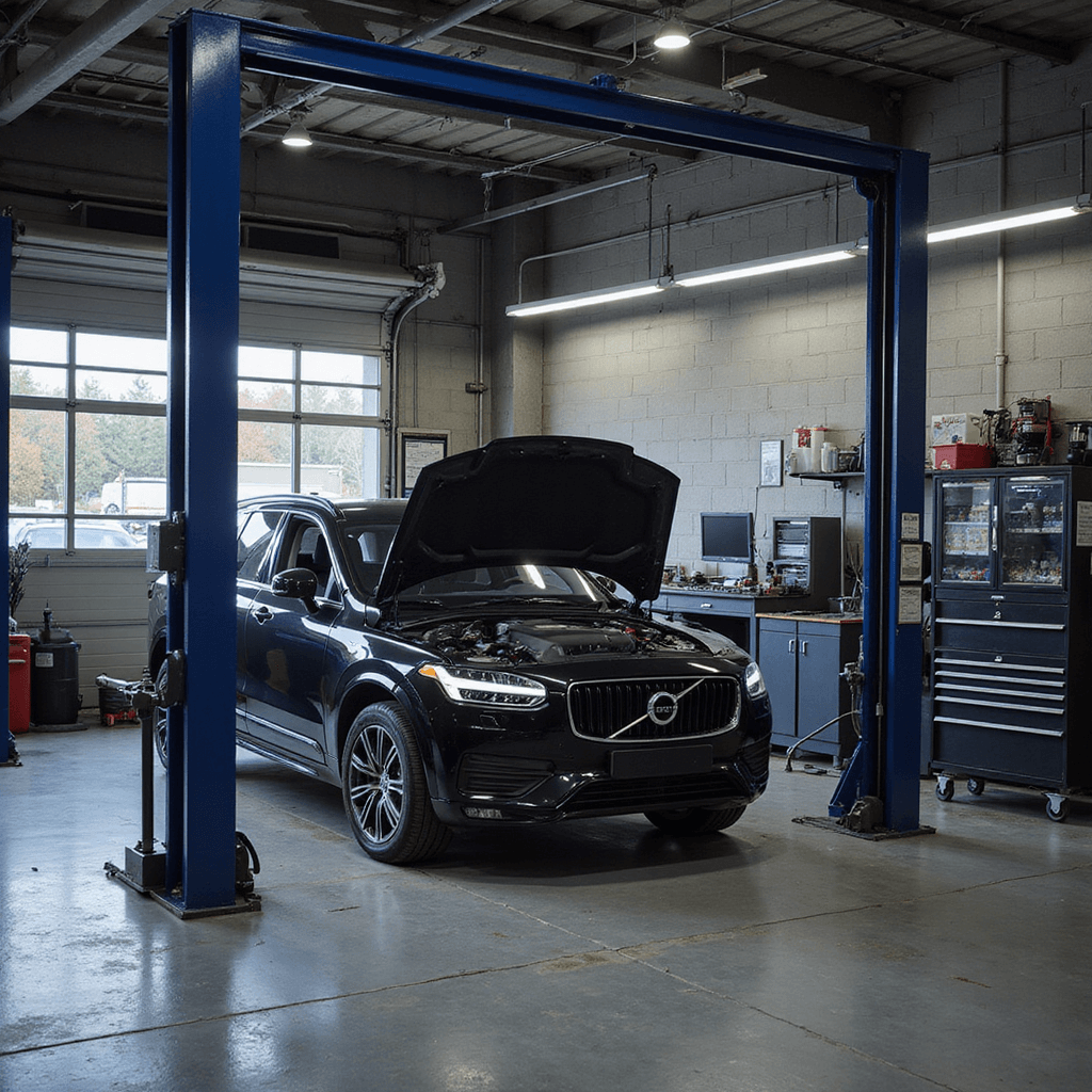 Compacte sleuteltechnicus hoek in een autogarage met een werkstation van 4x5 meter, ingericht met industriële elementen en veel licht dat door matglas ramen filtert. Dominante diagnostische computer met drie schermen op een zwart metalen bureau, omlijst door gesorteerde Volvo-sleutelbehuizingen en precisie-instrumenten. Kleurenschema in antraciet en zwart met rode accenten, verlicht door scherpe LED-spots.