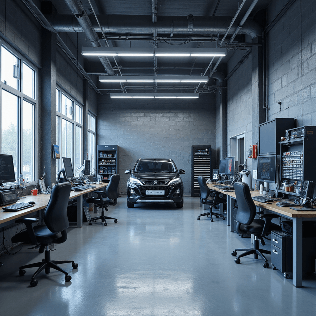 Moderne autosleutelservice met L-vormige werkbank van geborsteld RVS, diagnoseterminal met Peugeot 107 display, gesorteerde sleutelprofielen en elektronische meetapparatuur, verlicht door industriële LED-verlichting en natuurlijk daglicht.