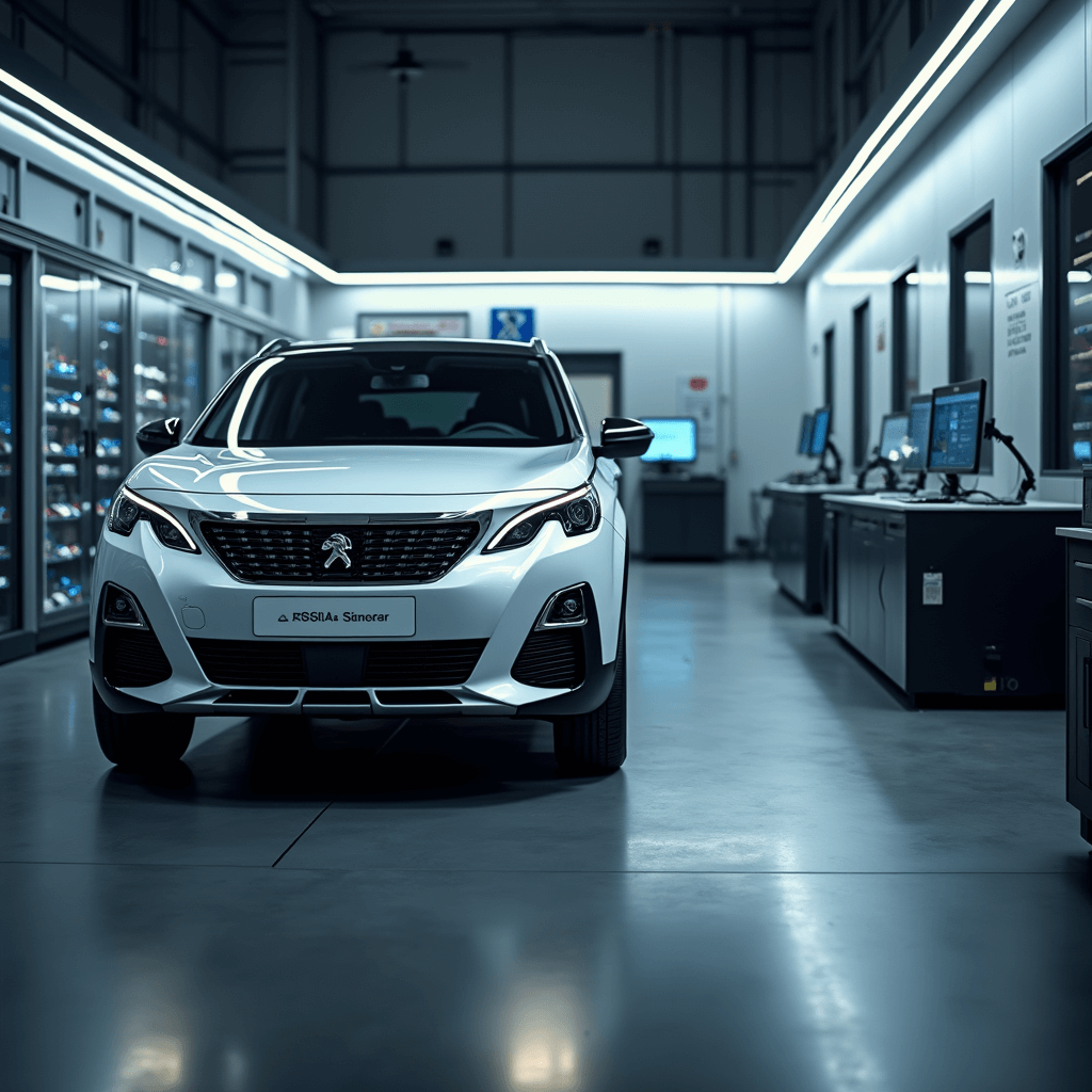 Professionele autosleutelwerkplaats met antraciet wandafwerking, centraal programmeerstation met holografische displays, transparante vitrinekast met transponderchips en autosleutels, testapparatuur en precisie-instrumenten op het werkblad, metalen gereedschapskasten en een detail van een open Peugeot sleutelbehuizing.