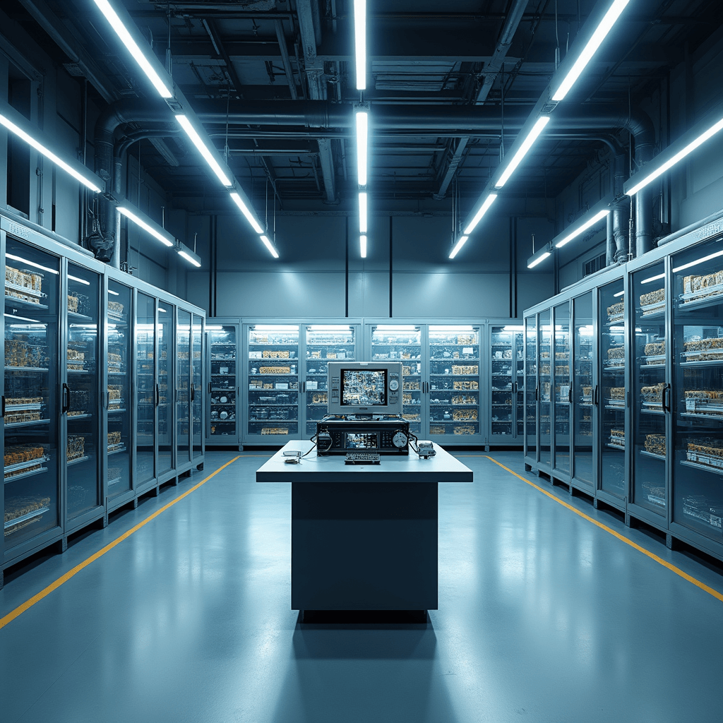 Ruime industriële werkplaats met moderne programmeerwerkbank, digitale diagnoseapparatuur en georganiseerde sleutelrassen, verlicht door ochtendlicht en koelblauwe LED-strips.