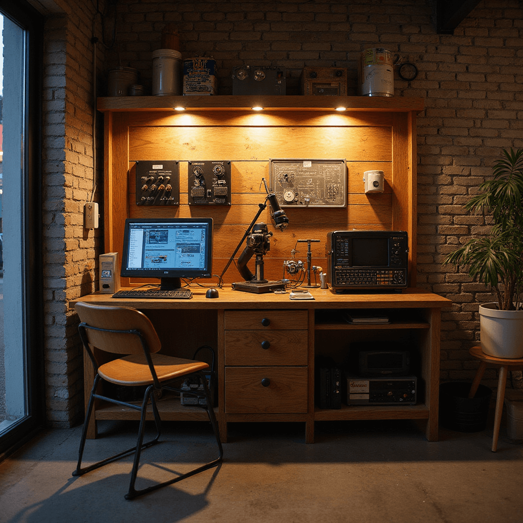 Intieme sleutelservice met vintage werkbank en modern sleutelprogrammeerapparaat, verlicht door warme LED-spots. Diagnosescherm en glazen toonbank met autosleutels en transponders, omringd door specialistische tools in een warme hout- en chroomkleurige setting.