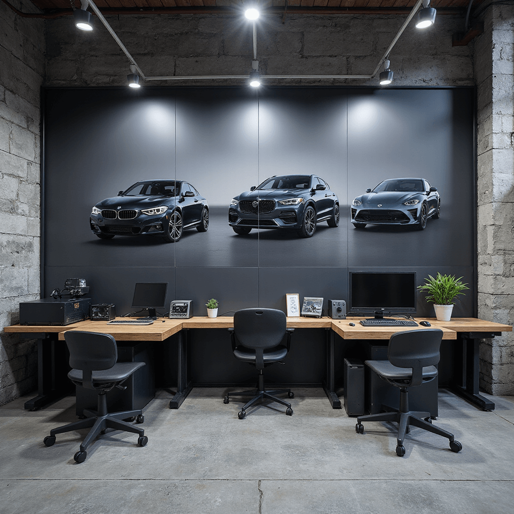 Interieur van een autosleutelservice met industriële betonvloer, grote glazen wand met autosleutelmodellen, donkere werkplek met reclame, koperen sleutelfreesmachines, moderne programmeertools en subtiele verlichting.