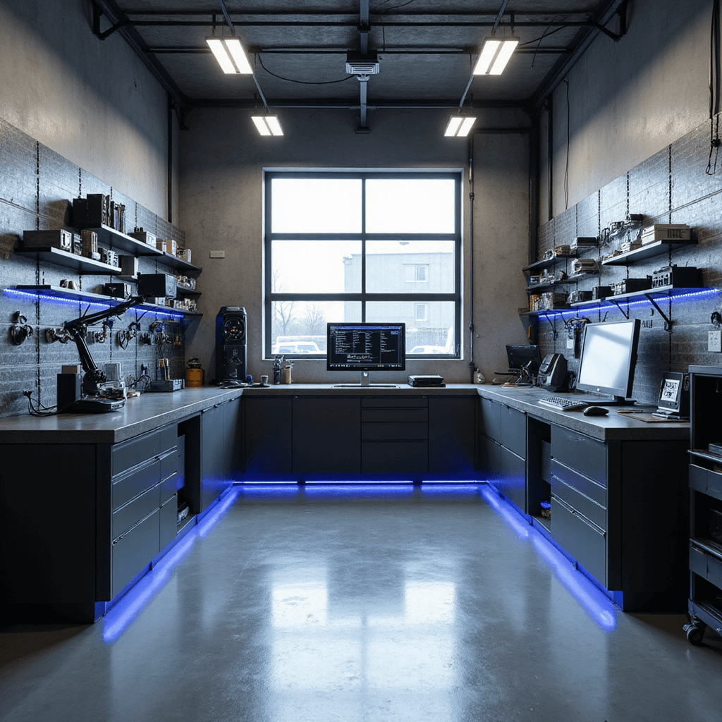 Moderne sleutelservice werkplaats met L-vormige werkbank, diagnostische apparatuur, wandkasten met sleutelrasters en digitale schermen, verlicht door ochtendlicht en LED-strips.
