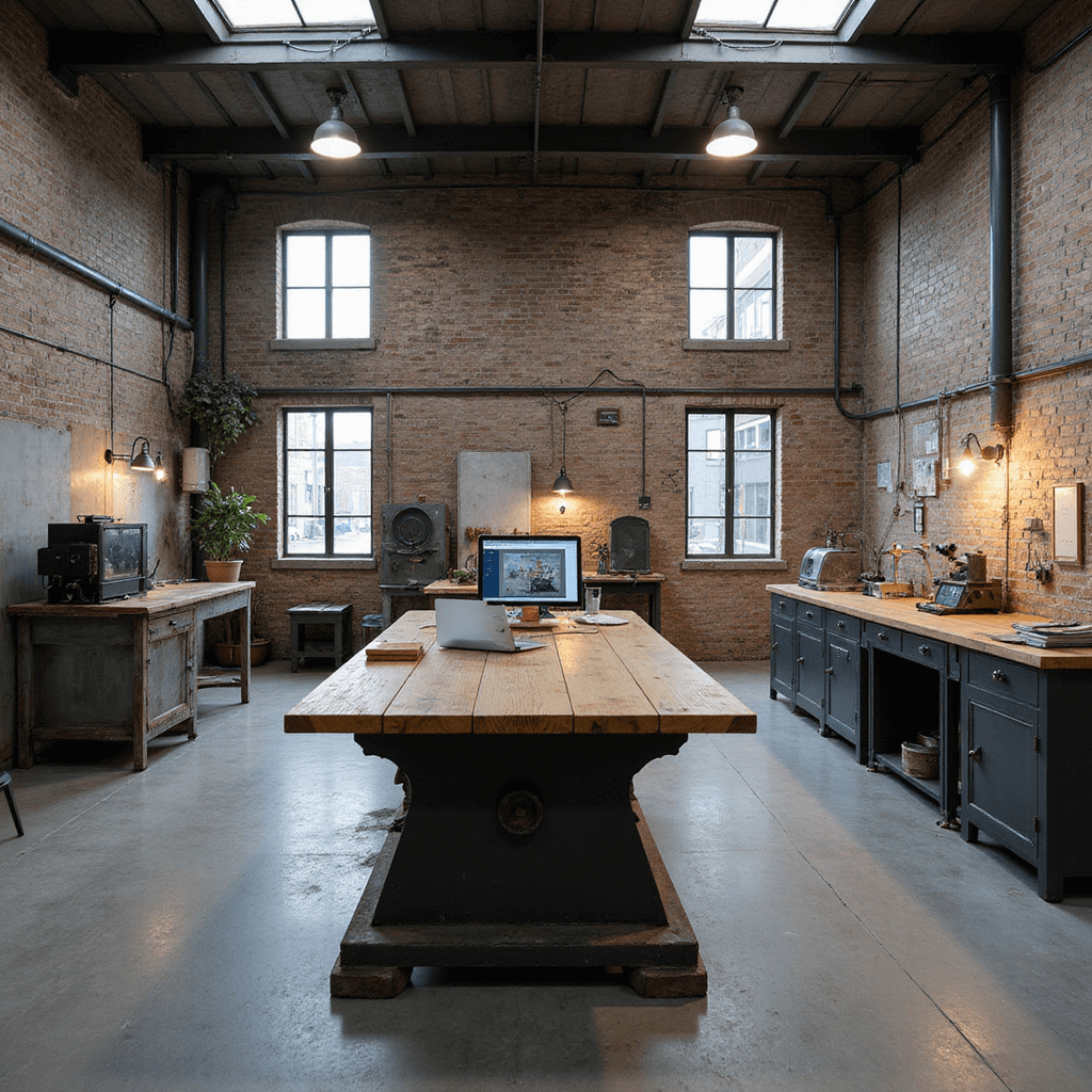 Intieme sleutelprogrammeerruimte met warm industrieel karakter, featuring een centraal eiland met massief eikenhouten werkblad, moderne sleutelprogrammeerapparatuur, en een matzwarte gereedschapswand, verlicht door sfeervolle pendelarmaturen en gefilterd middagzonlicht.