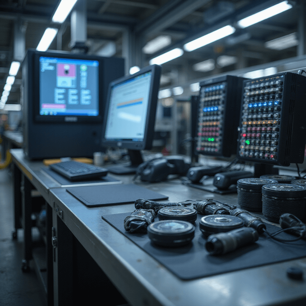 Een close-up van een modern sleutelprogrammeerstation in een autosleutelwerkplaats, met een touchscreen-interface en programmeerapparatuur, verlicht door indirect LED-licht. Voorgrond met keurig uitgestalde autosleutels en transponders op een zwart antistatisch werkblad, terwijl op de achtergrond een wazig wandsysteem met chroomkleurige lade's vol gecodeerde sleutels te zien is.