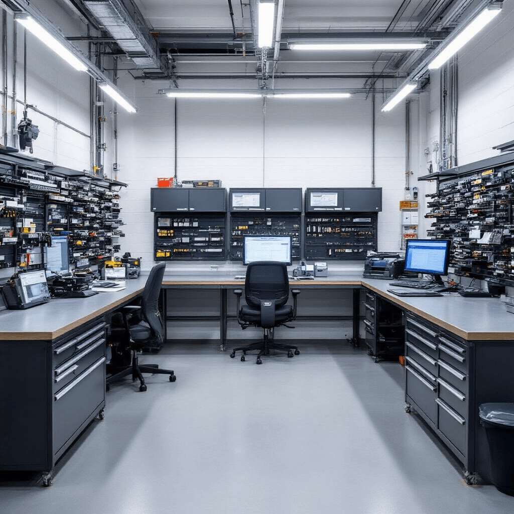 Moderne sleutelwerkplaats met L-vormige RVS werkbank en high-tech diagnoseapparatuur, wandkasten met sleutelrasters, glazen vitrinekasten met autosleutels, industriële betonnen vloer en witte muren, verlicht door LED-rails en natuurlijk daglicht.