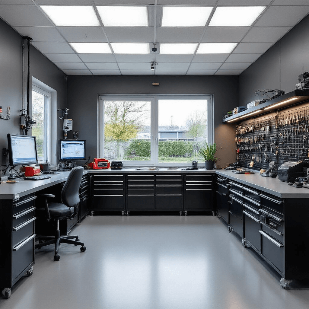 Moderne sleutelservice werkplaats met L-vormige RVS werkbank, diagnoseapparatuur, vitrinekast vol autosleutels en georganiseerd gereedschap, verlicht door professionele werkplaatsverlichting.