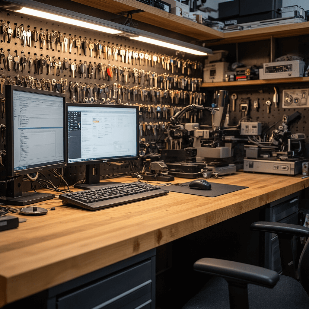 Close-up van een gespecialiseerd autosleutelmaker met een massief houten werkblad en hightech apparatuur, waaronder een computermonitor en een microscoopstation. Het wandrek is vol kleurgecodeerde sleutelprofielen en vintage sleutelreclames verfraaien de muren. Warmwit LED-spotlicht en ochtendzon door matglas zorgen voor sfeervolle belichting.
