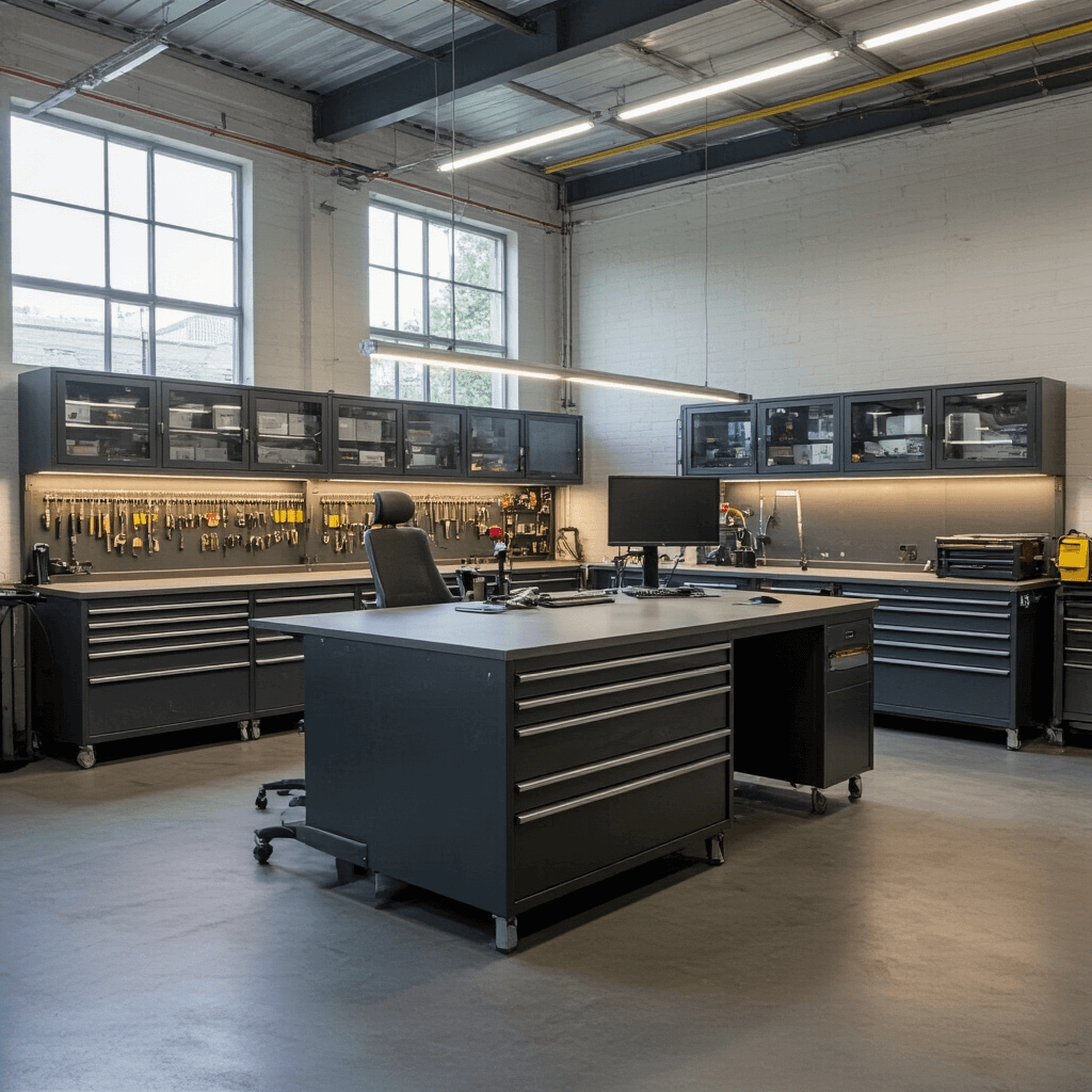 Moderne autosleutelwerkplaats met L-vormige RVS werkbank, diagnostische apparatuur en kleurrijke kabels, glazen vitrinekasten met sleutels, en antracietgrijze gereedschapskasten met rode accenten, gefotografeerd in warme ochtendzon vanuit 45-graden hoek.