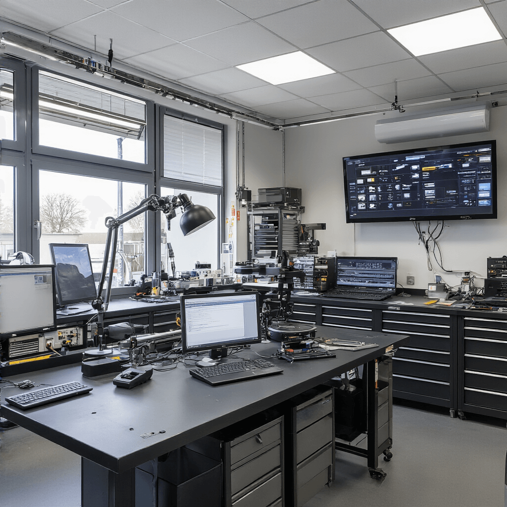 Intieme werkruimte van een sleutelmakerij met LED-verlichting en moderne apparatuur voor precisiewerk aan transponderchips.