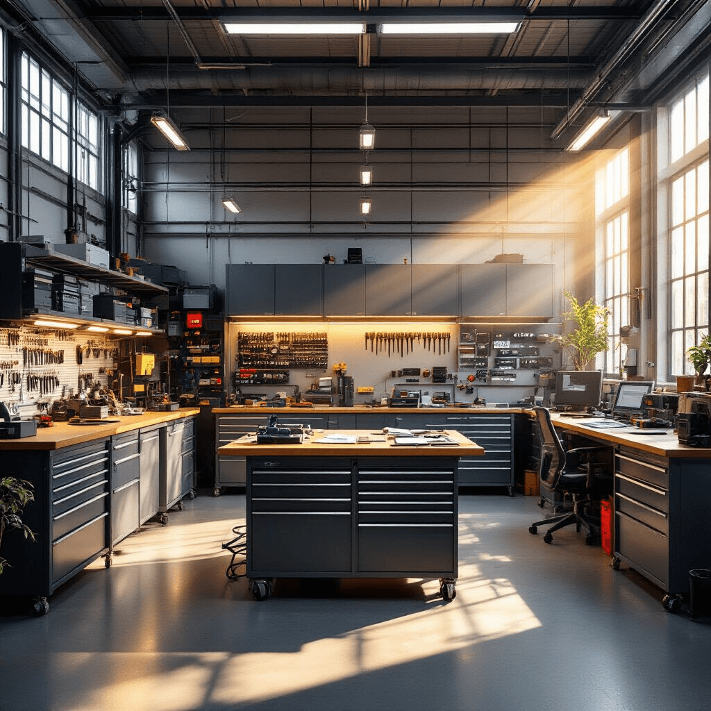 Vogelperspectief van een moderne autosleutel werkplaats met L-vormige RVS werkbank, LED-verlichting, grote ramen die ochtendzon binnenlaten, wandrek met sleutelprofielen, vitrinekasten met transponderchips, precisie-gereedschappen, digitale multimeter en laptop. Hoogglans epoxy vloer reflecteert daglicht.
