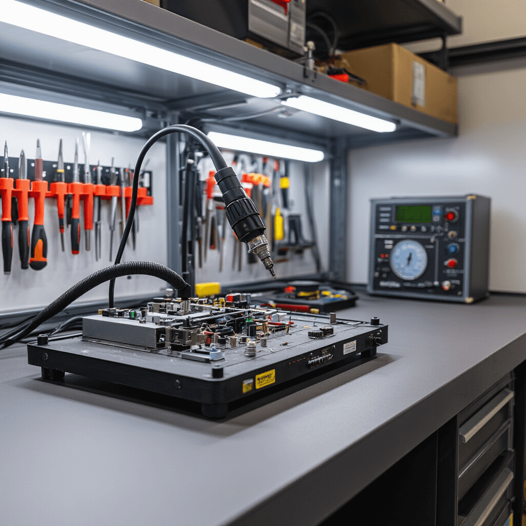 Close-up van een hoogtechnologische reparatiehoek met professioneel soldeerstation, microscoop, antistatische werkmat en kleurgecodeerde componenten in een intieme, klinische setting.