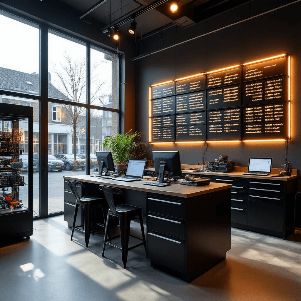 Interieur van een sleutelservice met industriële uitstraling, omschreven door een werkbank met programmatuur, een displaypaneel met autosleutelmodellen, diagnoseapparatuur en ladeblokken, belicht door natuurlijk licht en LED-spots.