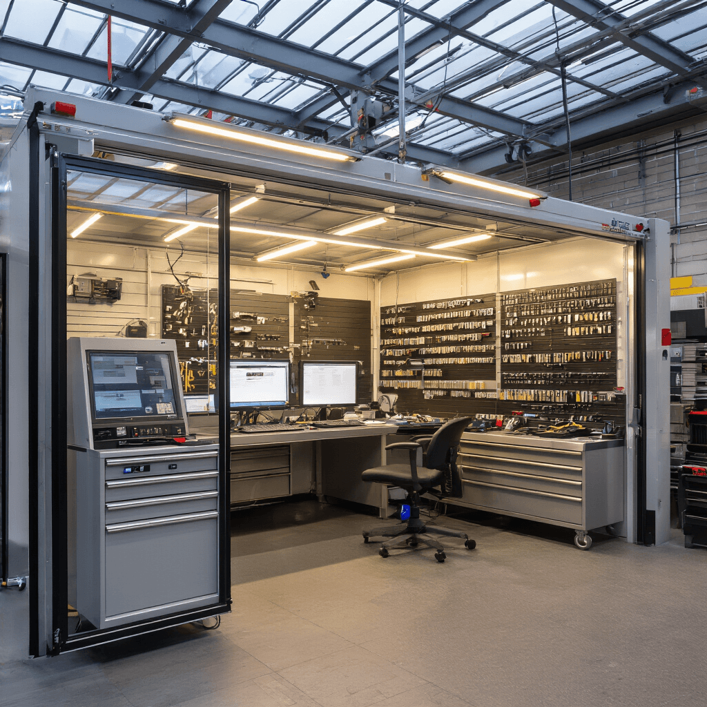 Moderne sleutelservice werkplaats met L-vormige RVS werkbank, high-tech apparatuur, wandkasten vol sleutelblanco's en transponderchips, en digitale displays, verlicht door warm ochtendlicht.