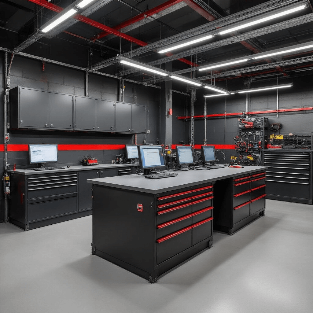 Interieur van een gespecialiseerde autosleutelwerkplaats met industriële elementen, featuring programmeerstations en een wandvullend opbergsysteem met kleurrijke sleutelkoppen, gefotografeerd in dramatische avondverlichting.