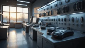 Hyperrealistisch beeld van een moderne Audi Smart Key werkplaats met een L-vormige roestvrijstalen werkbank, high-tech programmeerapparatuur en een ultra-detaille Audi Smart Key op een draaiend platform.