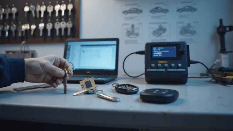 Hyperrealistische afbeelding van een professionele autosleutelreparatiewerkplaats met een schone, goed verlichte werkbank, gespecialiseerde gereedschappen voor transponderchipoverdracht en een gedetailleerde focus op een gedemonteerde autosleutel met zichtbare transponderchip.