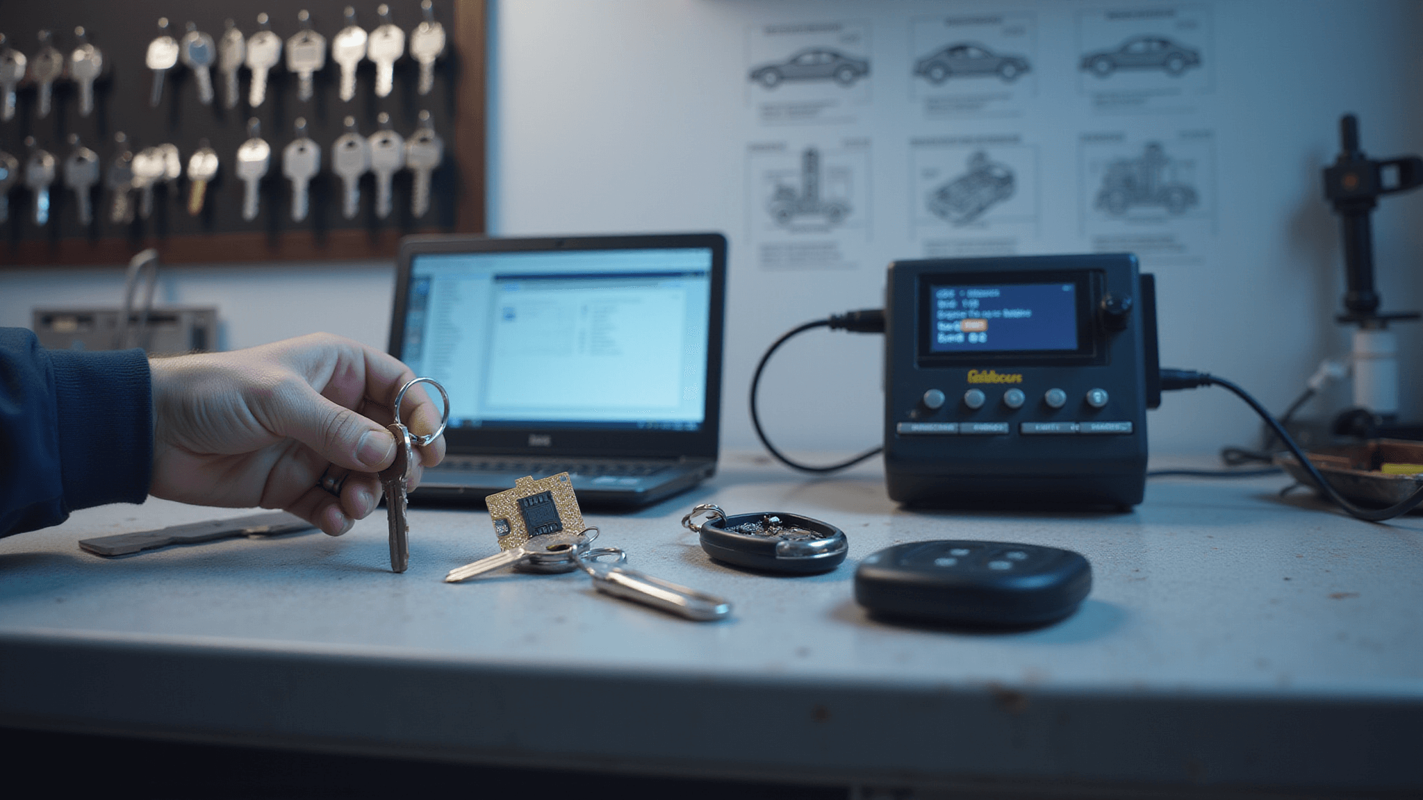 Sleutel Transponder Overzetten: Alles Wat Je Moet Weten Hyperrealistische afbeelding van een professionele autosleutelreparatiewerkplaats met een schone, goed verlichte werkbank, gespecialiseerde gereedschappen voor transponderchipoverdracht en een gedetailleerde focus op een gedemonteerde autosleutel met zichtbare transponderchip.