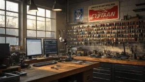 Fotorealistisch interieur van een moderne autoslotenmakerij, met een massieve houten werkbank vol geavanceerde apparatuur, een computerscherm en een microscopenstation, omringd door kleurrijke sleutels en vintage advertenties. Warme LED-verlichting en ochtendzon creëren een uitnodigende sfeer.