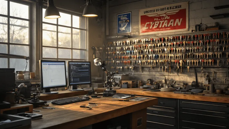Fotorealistisch interieur van een moderne autoslotenmakerij, met een massieve houten werkbank vol geavanceerde apparatuur, een computerscherm en een microscopenstation, omringd door kleurrijke sleutels en vintage advertenties. Warme LED-verlichting en ochtendzon creëren een uitnodigende sfeer.