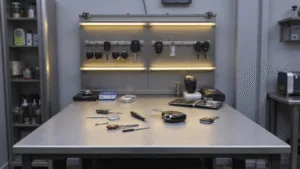 Fotorealistische afbeelding van een moderne slotenmakerstafel voor het vervangen van autobatterijen, met een L-vormige roestvrijstalen werkbank, gereedschap, een geopende autosleutel en nieuwe knoopcelbatterijen op een schone, goed verlichte achtergrond.