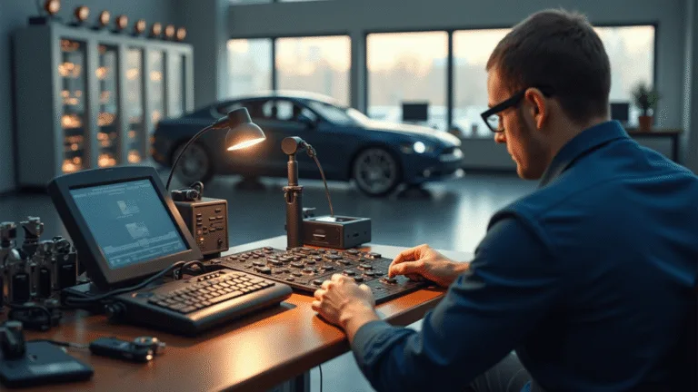 Fotorealistische afbeelding van een moderne autosleutelwerkplaats met een strak programmeringsstation, waar een technicus bezig is met het programmeren van een nieuwe transpondersleutel. Het werkgebied is verlicht door warme spots, met een zwarte diagnostische computer, precisiegereedschap en netjes georganiseerde sleutelbehuizingen en transponderchips. Achtergrond met metalen kasten en een glazen vitrine met verschillende autosleutels, terwijl natuurlijk ochtendlicht door hoge ramen naar binnen stroomt.