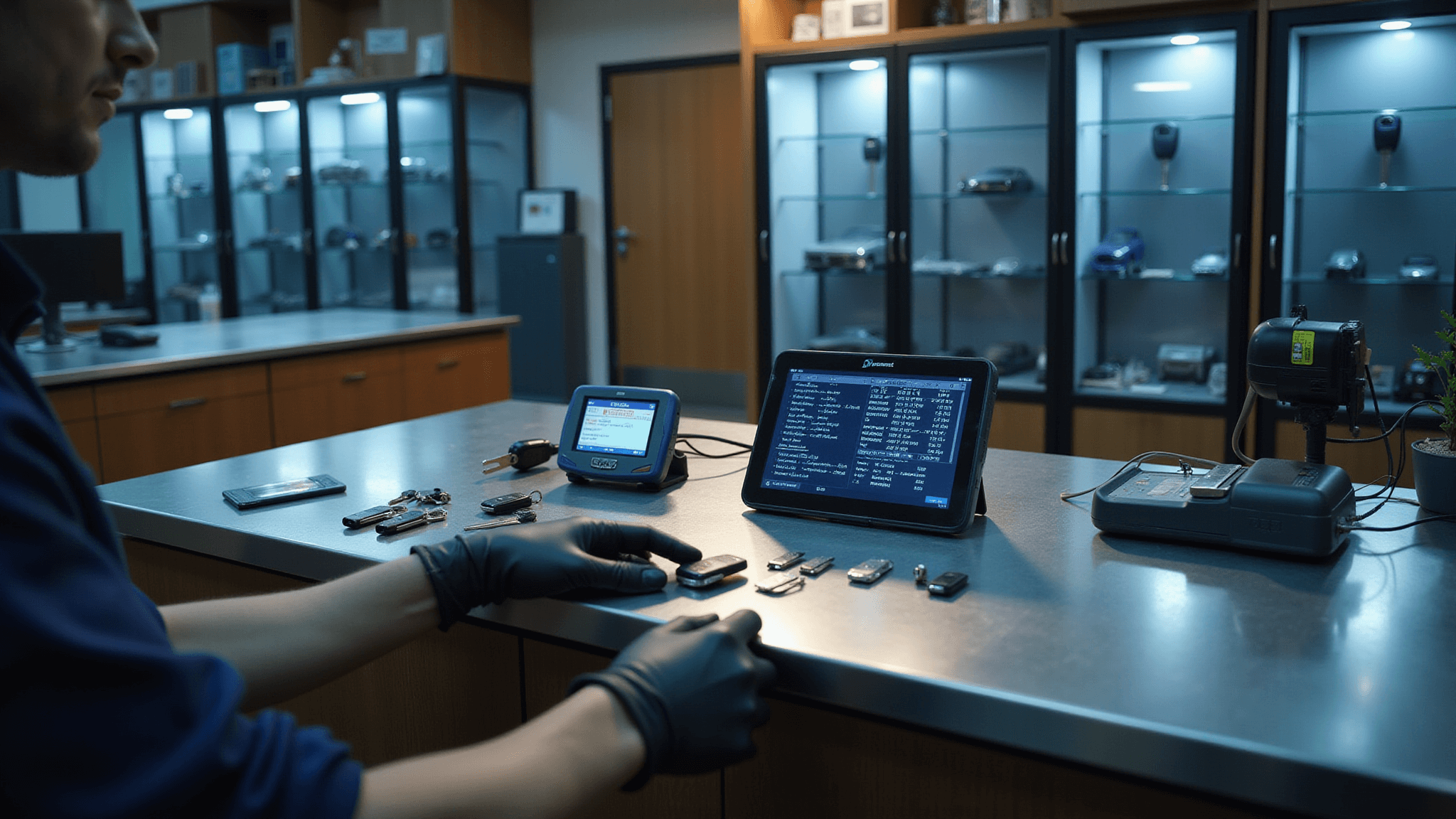 Autosleutel Laten Programmeren: Jouw Complete Gids Cinematische close-up van een modern autosleutel programmeerstation met een L-vormige roestvrijstalen werkbank, geavanceerde diagnostische apparatuur en verschillende autosleutels en gereedschappen, verlicht door zacht, warm licht.