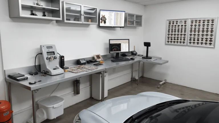 Fotorealistisch beeld van een moderne slotenmakerij gespecialiseerd in het programmeren van autosleutels, met een L-vormige roestvrijstalen werkbank vol gereedschap en diagnostische apparatuur, inclusief een OBD-II scanner en diverse lege autosleutels.