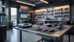 Hedendaagse autosleutel reparatieworkshop met een L-vormige roestvrijstalen werkbank, precision tools, kleurrijke autosleutels in een vitrinekast en geavanceerde diagnoseapparatuur, verlicht door warme LED-verlichting, op een gepolijste betonnen vloer.
