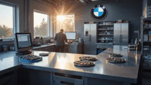 Fotorealistische afbeelding van een moderne BMW sleutel vervangingswerkplaats, met een L-vormige roestvrijstalen werkbank, high-tech sleutelprogrammeerapparaat en georganiseerde trays met transponderchips. De ruimte heeft een industrieel kleurenschema met grijstinten en BMW-blauwe accenten, terwijl een specialist geconcentreerd aan een smart key werkt.