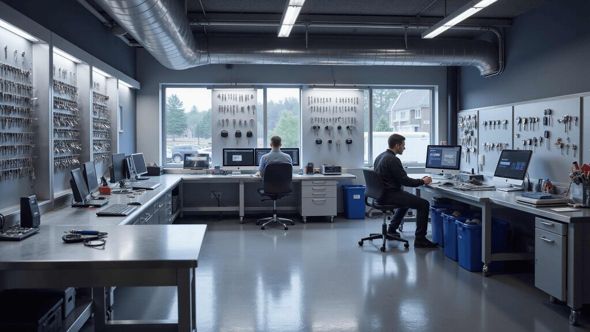 Fotorealistisch beeld van een moderne Ford sleutelvervangingswerkplaats met een L-vormige roestvrijstalen werkbank, diverse Ford sleutelmodellen, gespecialiseerde gereedschappen en diagnostische apparatuur, verlicht door industriële LED-verlichting en natuurlijk licht vanuit grote ramen.