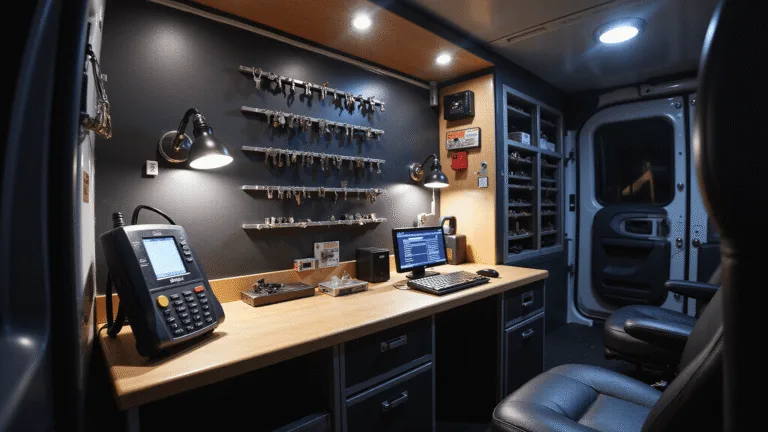 Fotorealistisch beeld van het interieur van een moderne mobiele slotenmaker servicebus 's nachts, met LED-spotlights die een professioneel werkbankopstelling tonen, inclusief een geavanceerd sleutelprogrammeerapparaat en netjes georganiseerde gereedschappen.