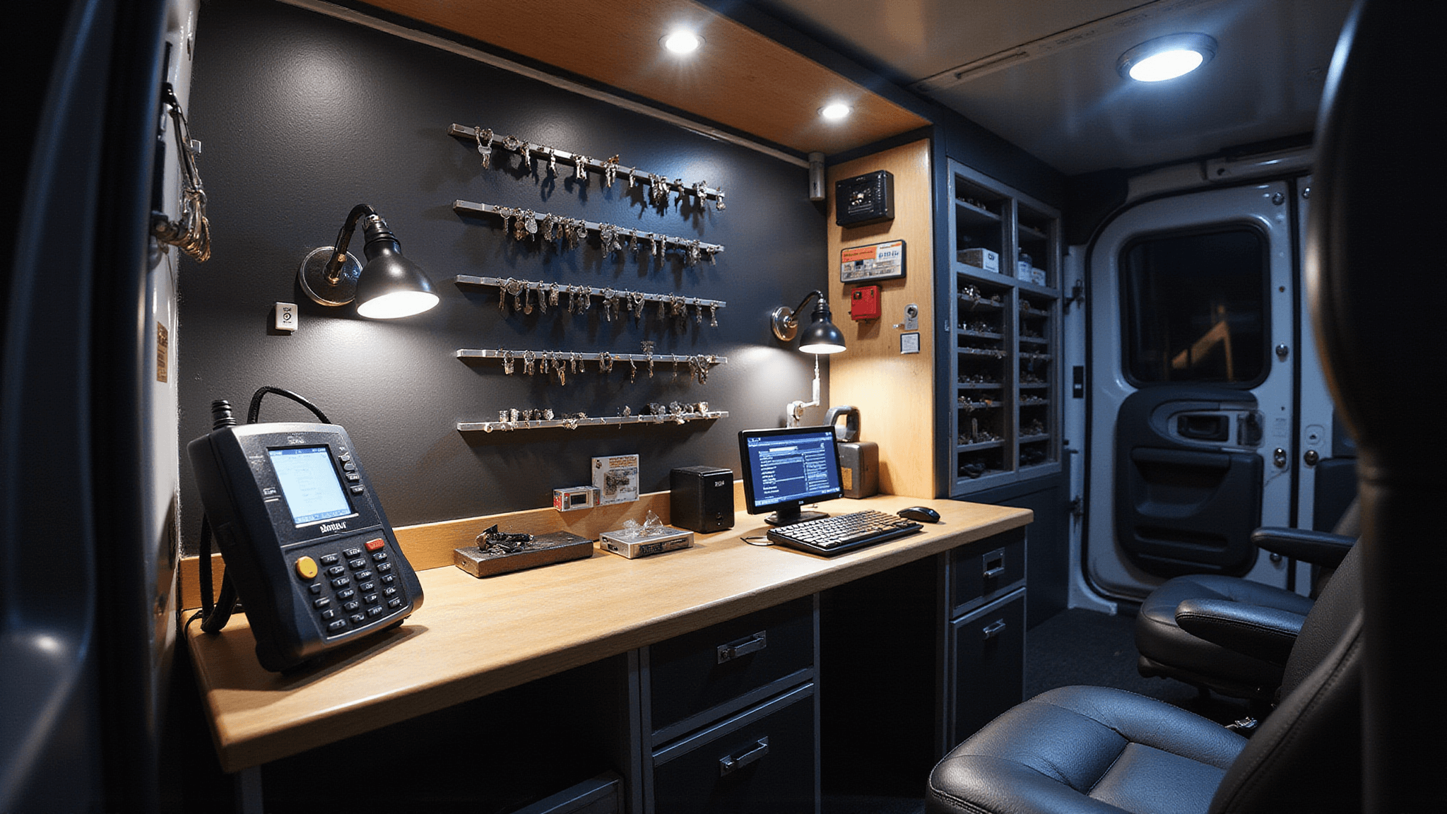 Sleutels Service op Locatie: Redden Wanneer Je Buitengesloten Raakt Fotorealistisch beeld van het interieur van een moderne mobiele slotenmaker servicebus 's nachts, met LED-spotlights die een professioneel werkbankopstelling tonen, inclusief een geavanceerd sleutelprogrammeerapparaat en netjes georganiseerde gereedschappen.
