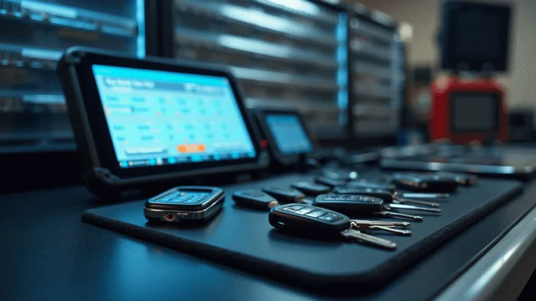 Hedendaagse autosleutelprogrammeringsstation met touchscreeninterface en apparatuur, verlicht door zachte LED-verlichting. Voorgrond toont nette schikking van autosleutels en transponders op een zwart antistatisch werkblad. Op de achtergrond blur van chroomkleurige lades gevuld met gecodeerde sleutels. Professionele en futuristische sfeer met focus op de detailrijke technologie en variëteit aan sleutels.