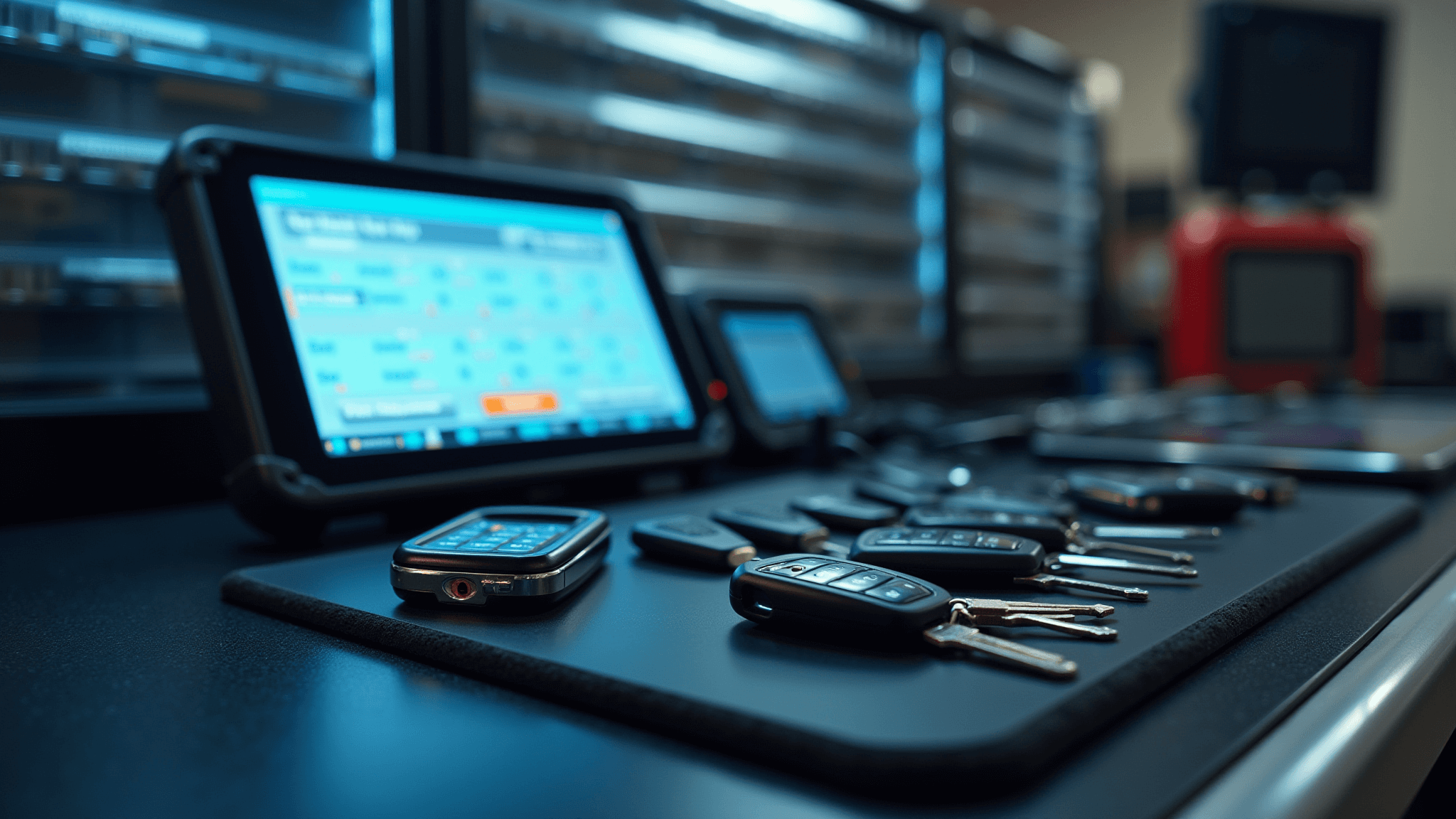 Sleutel Programmeren Leren: Jouw Complete Gids voor Autosleutels Hedendaagse autosleutelprogrammeringsstation met touchscreeninterface en apparatuur, verlicht door zachte LED-verlichting. Voorgrond toont nette schikking van autosleutels en transponders op een zwart antistatisch werkblad. Op de achtergrond blur van chroomkleurige lades gevuld met gecodeerde sleutels. Professionele en futuristische sfeer met focus op de detailrijke technologie en variëteit aan sleutels.