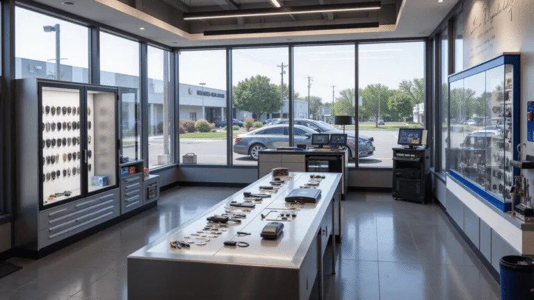 Fotorealistische afbeelding van een moderne autosleutelservice showroominterieur met een chroom werkbank, diverse elektronische autosleutels, een glazen displaykast en geavanceerde diagnoseapparatuur, verlicht door natuurlijk daglicht.