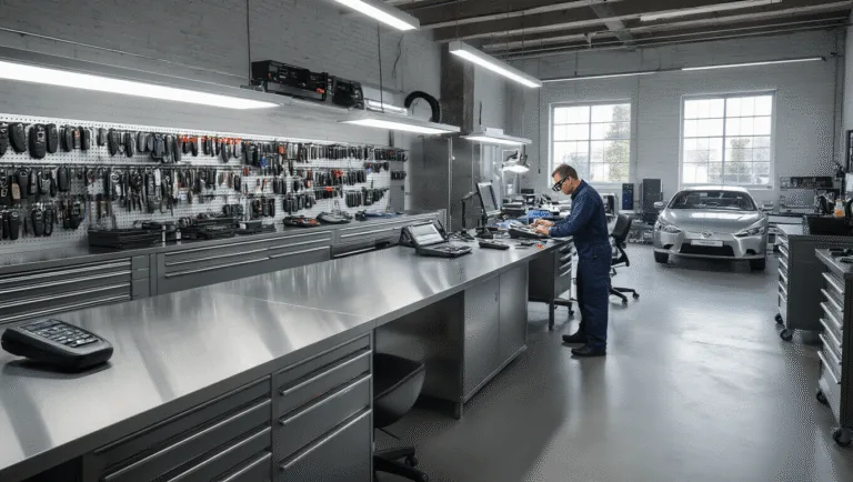Fotorealistisch beeld van een moderne autosleutel reparatieworkshop met een L-vormige roestvrijstalen werkbank, diagnostische apparatuur en een professional die aan een autosleutel werkt, voorzien van vergrootglazen voor nauwkeurige reparaties.