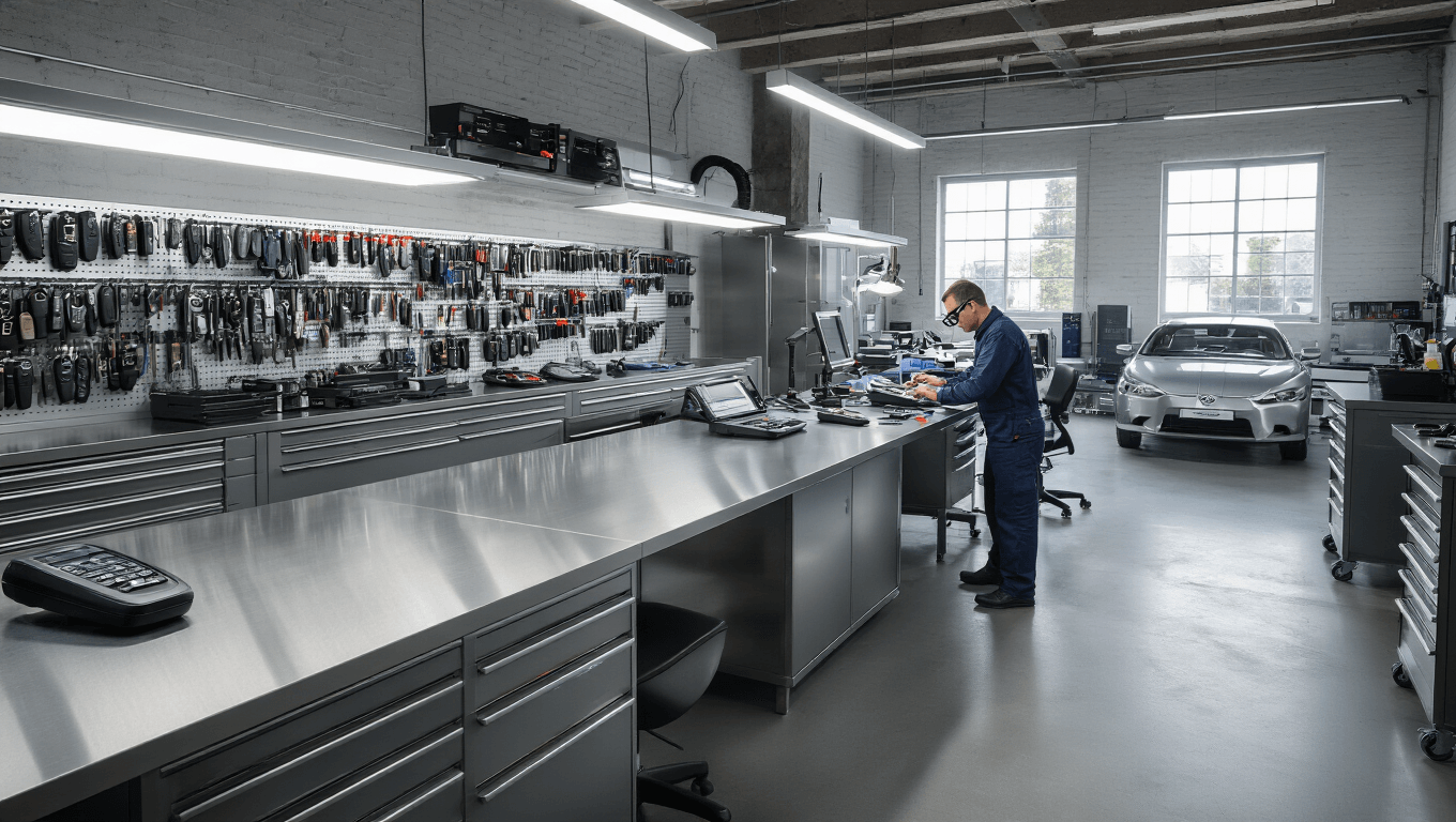 Afstandsbediening Autosleutel Werkt Niet: Alles Wat Je Moet Weten Fotorealistisch beeld van een moderne autosleutel reparatieworkshop met een L-vormige roestvrijstalen werkbank, diagnostische apparatuur en een professional die aan een autosleutel werkt, voorzien van vergrootglazen voor nauwkeurige reparaties.