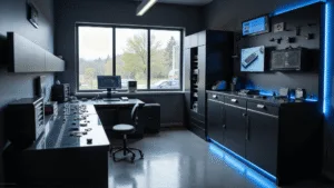 Een modern automotive key programming werkruimte van 4x4 meter met een L-vormig zwart composieten werkstation, digitale display voor voertuigdiagnose, glazen werkoppervlak met transponders en microchips, hoogwaardige opbergsystemen, natuurlijk licht en blauwe LED-verlichting, gezien vanuit een vogelperspectief.