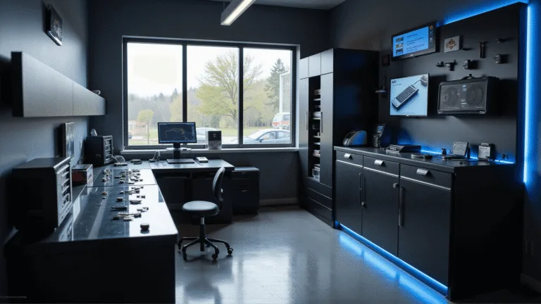 Een modern automotive key programming werkruimte van 4x4 meter met een L-vormig zwart composieten werkstation, digitale display voor voertuigdiagnose, glazen werkoppervlak met transponders en microchips, hoogwaardige opbergsystemen, natuurlijk licht en blauwe LED-verlichting, gezien vanuit een vogelperspectief.