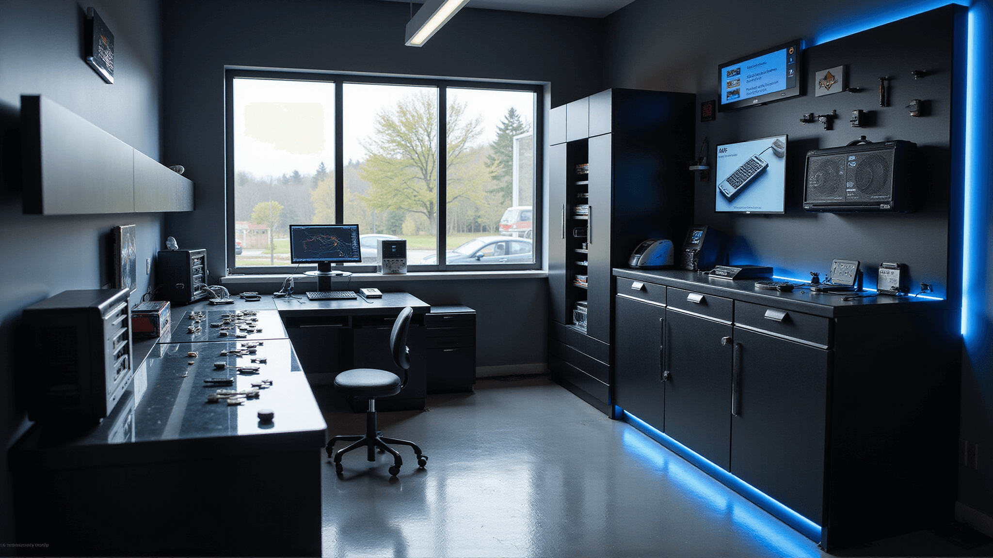 Transponder Sleutel: Jouw Auto's Onzichtbare Beveiligingsexpert Een modern automotive key programming werkruimte van 4x4 meter met een L-vormig zwart composieten werkstation, digitale display voor voertuigdiagnose, glazen werkoppervlak met transponders en microchips, hoogwaardige opbergsystemen, natuurlijk licht en blauwe LED-verlichting, gezien vanuit een vogelperspectief.