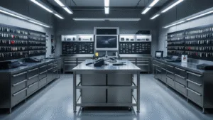 Fotorealistische afbeelding van een moderne sleutelprogrammeerkamer met industriële esthetiek, waarin een solide eiken werkbank centraal staat, verlicht door hanglampen.
