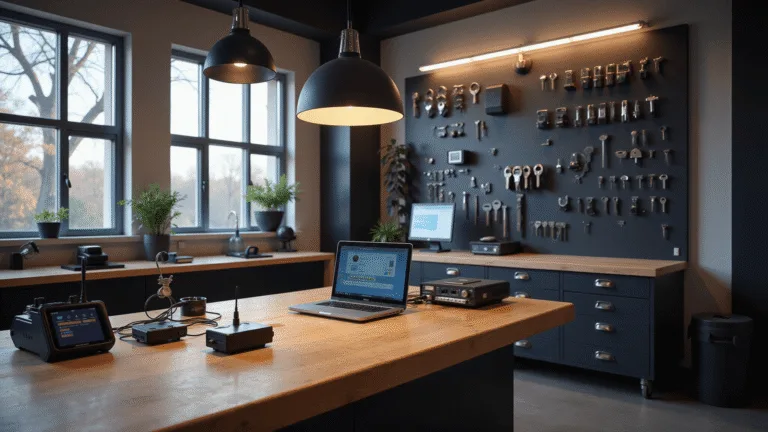 Fotorealistische afbeelding van een moderne sleutelprogrammeerkamer met industriële esthetiek, waarin een solide eiken werkbank centraal staat, verlicht door hanglampen.
